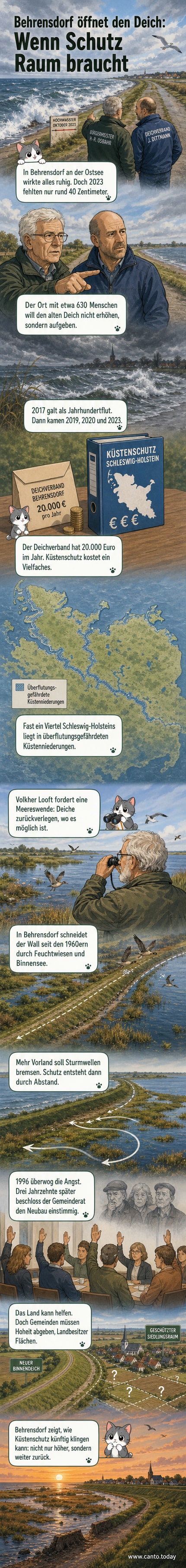 Ein flacher Deich an der Ostsee mit Blick auf ein dahinterliegendes Naturschutzgebiet, an dem sich Aktivisten und Politiker beraten.