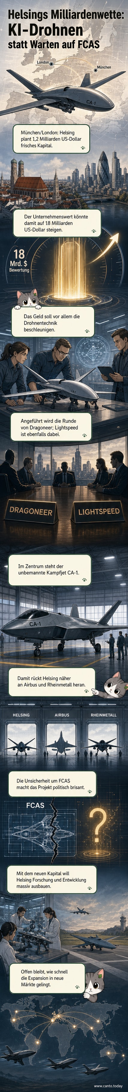 KI-gesteuerter Kampfdrohnen-Prototyp CA-1 vor einem militärischen Hintergrund, flankiert von Logos von Helsing und Dragoneer Investment Group