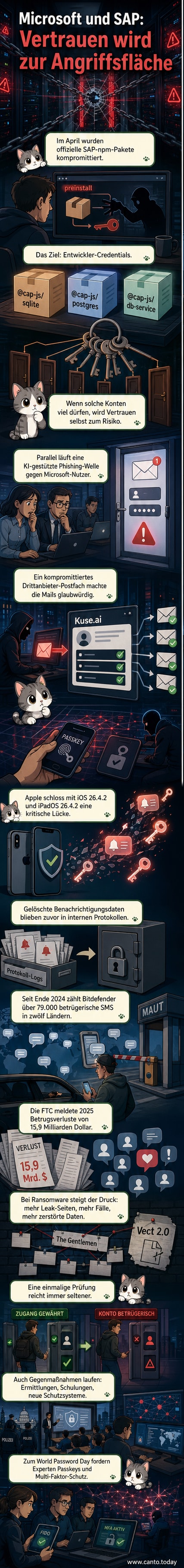 Illustration eines Hackerangriffs auf Cloud-Plattformen mit KI-Symbolen, verschlüsselten Daten und warnenden Sicherheits-Schildern