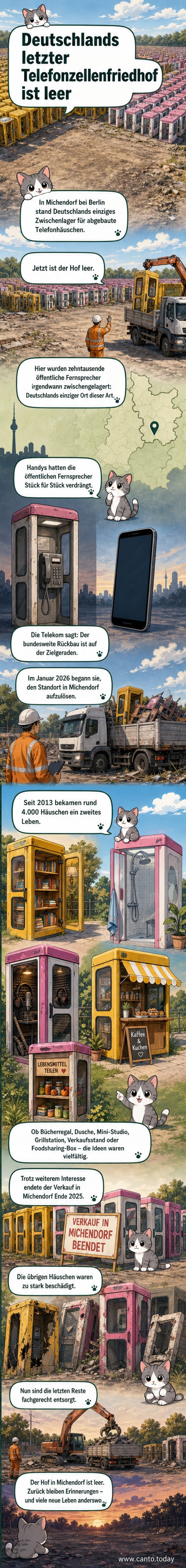 Leerer Hof in Michendorf, wo einst Hunderte ausgemusterte Telefonzellen standen – heute nur noch Beton und Erinnerung.