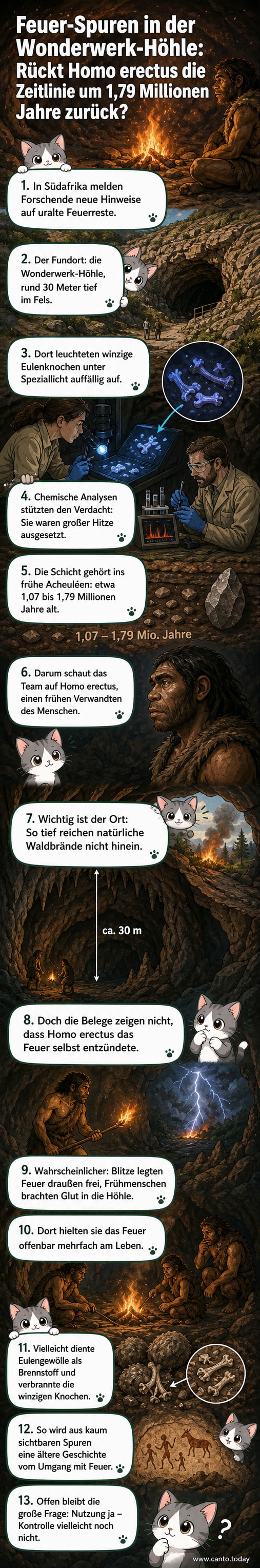 Rekonstruktion einer frühen Menschenart, die Feuer in einer Höhle nutzt, umgeben von Felswänden und schwachem Lichtschein.
