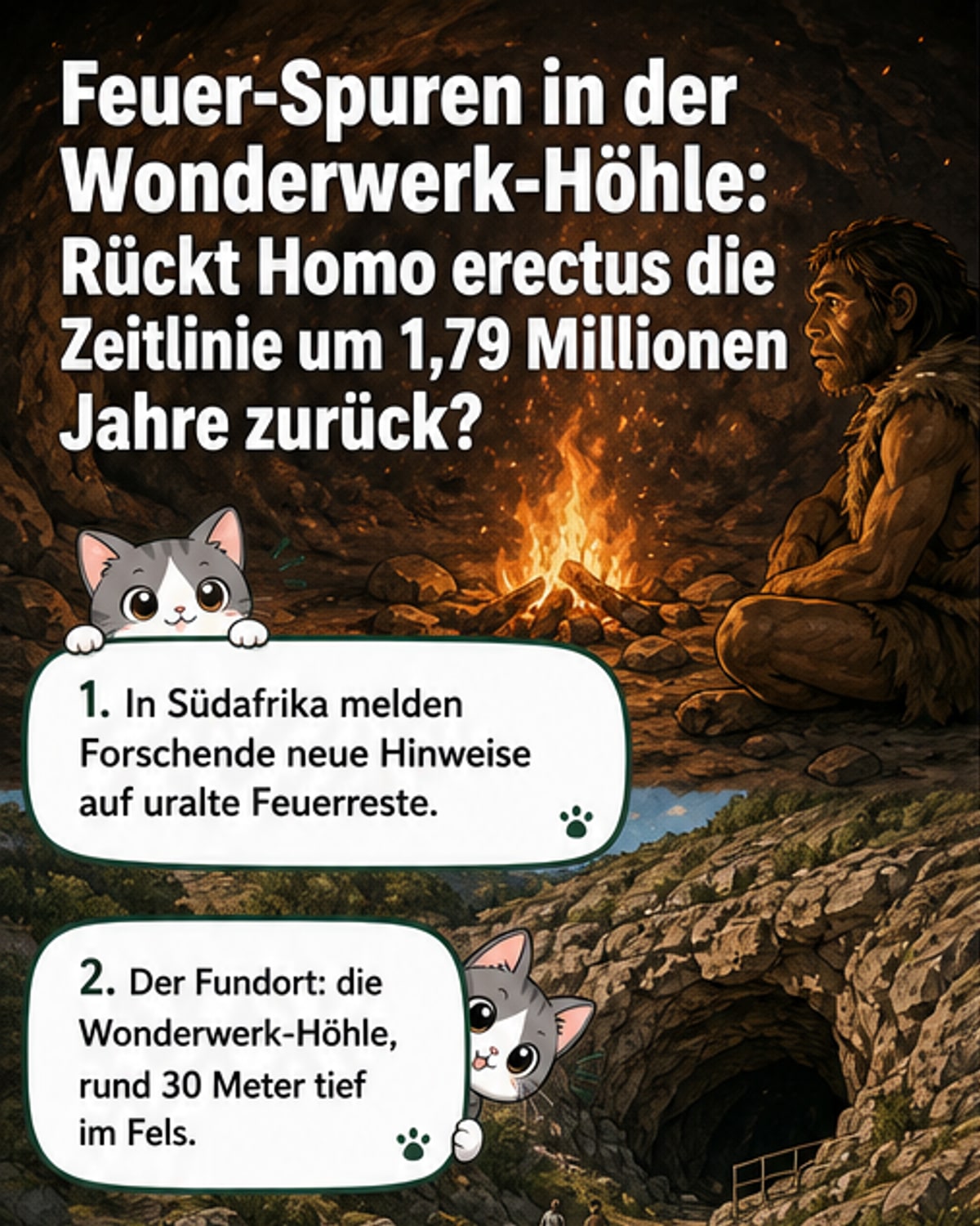 Rekonstruktion einer frühen Menschenart, die Feuer in einer Höhle nutzt, umgeben von Felswänden und schwachem Lichtschein.