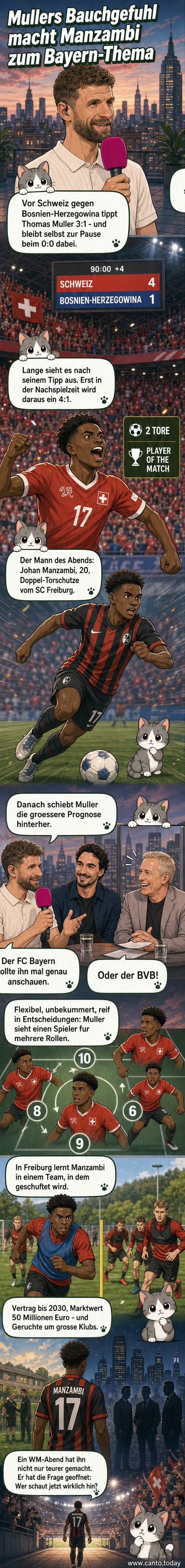 Thomas Müller im MagentaTV-Studio, weist lächelnd auf Mats Hummels, während er über den Schweizer WM-Spieler Johan Manzambi spricht.