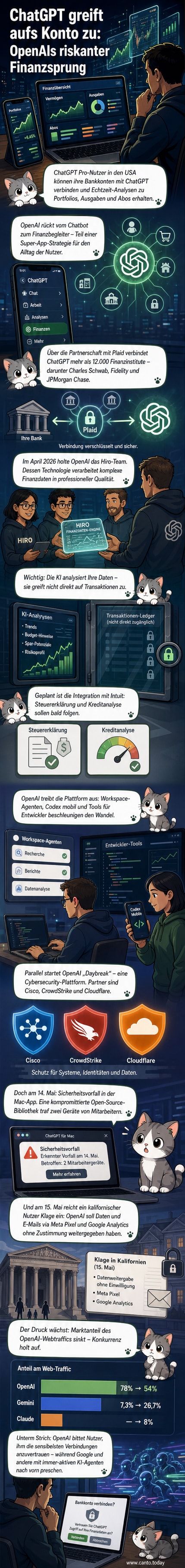 Ein Smartphone zeigt eine ChatGPT-Oberfläche mit Bankdaten-Dashboard, daneben ein Schild mit Warnhinweis zum Datenschutz.