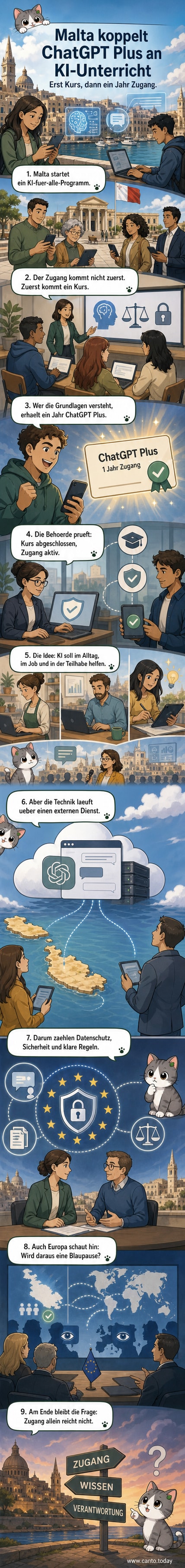Eine Illustration zeigt eine maltesische Flagge neben einem digitalen Klassenzimmer, in dem Menschen unterschiedlichen Alters einen KI-Kurs am Bildschirm absolvieren. Im Hintergrund öffnet sich ein Fenster mit der Aufschrift 'ChatGPT Plus freigeschaltet'.