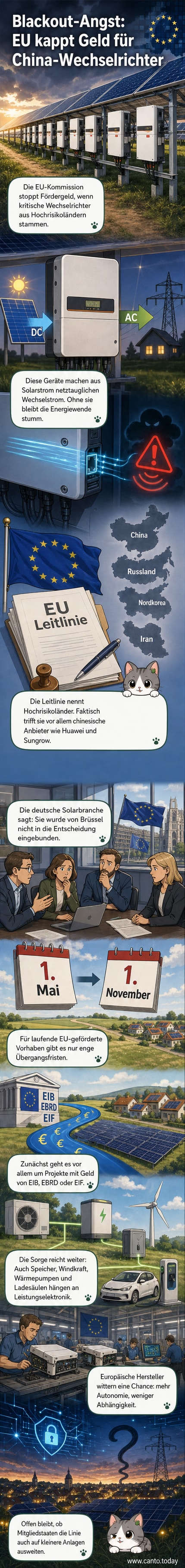 Eine Solaranlage in Brandenburg mit Wechselrichter, der über eine Kommunikationsschnittstelle verfügt, die potenziell für Cyberangriffe genutzt werden könnte.