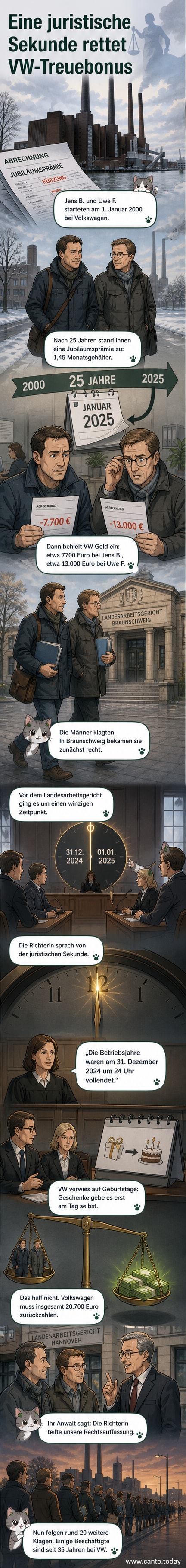 Zwei Richter in einem Gerichtssaal verkünden ein Urteil, das auf einer winzigen Zeitdifferenz basiert – im Hintergrund das VW-Werk Wolfsburg.