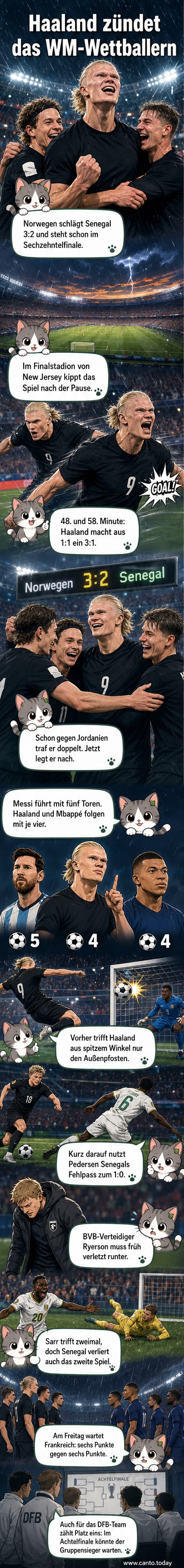 Erling Haaland feiert nach seinem zweiten Tor gegen Senegal im WM-Stadion in New Jersey, Teamkollegen jubeln im Hintergrund.