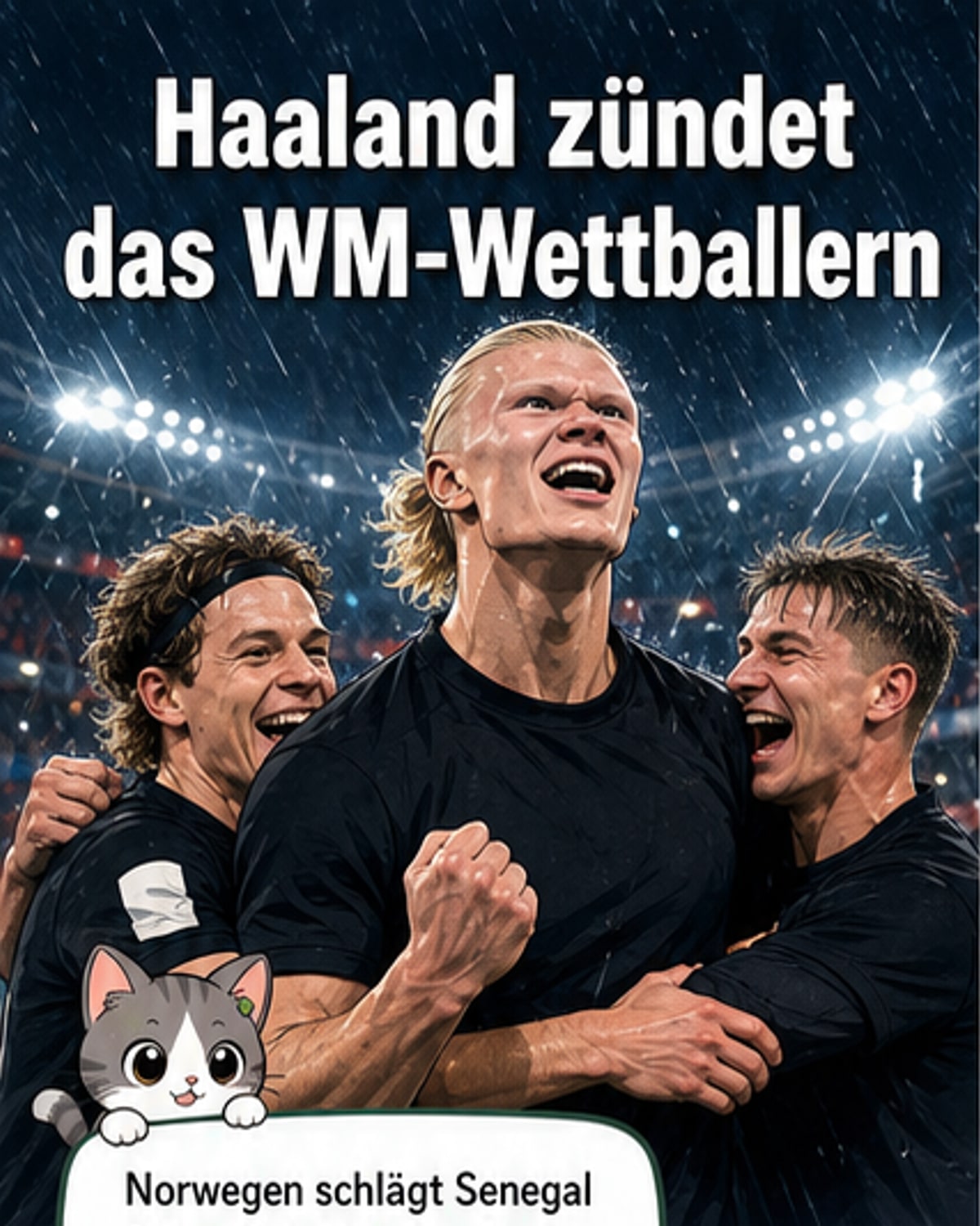 Erling Haaland feiert nach seinem zweiten Tor gegen Senegal im WM-Stadion in New Jersey, Teamkollegen jubeln im Hintergrund.
