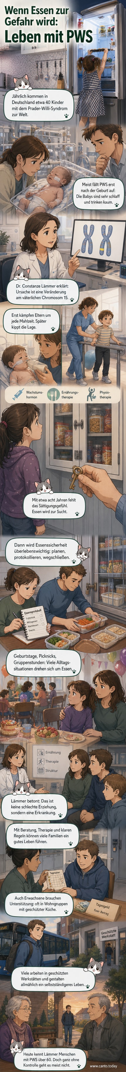 Ein medizinischer Illustrationsstil zeigt ein Kind mit Prader-Willi-Syndrom, das Essen sieht, während ein Gehirnmodell im Hintergrund den gestörten Sättigungsmechanismus im Hypothalamus visualisiert.