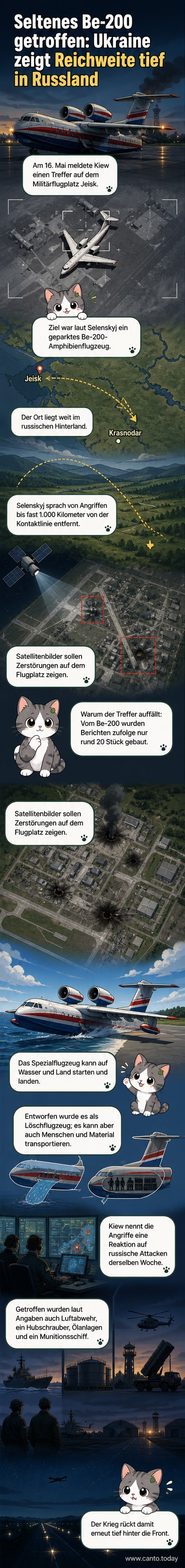 Illustration eines zerstörten russischen Be-200-Amphibienflugzeugs auf einem Militärflughafen, umgeben von Rauch und Trümmern, mit Drohnenkontrollbild im Hintergrund.