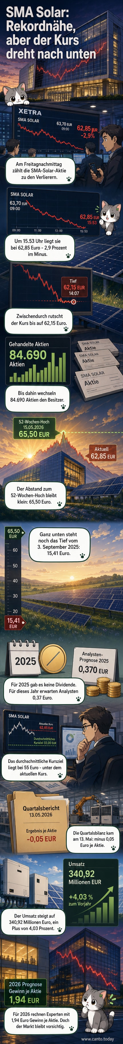 Aktienkursdiagramm der SMA Solar-Aktie mit Abwärtstrend am Freitagnachmittag, Stand 62,85 EUR.