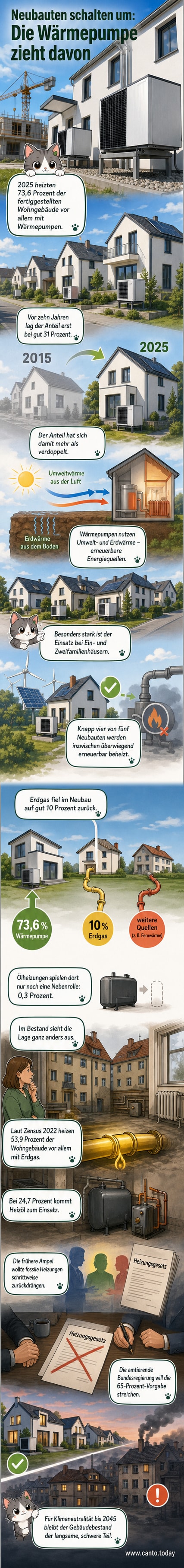 Illustration einer modernen Wärmepumpe im Keller eines Einfamilienhauses mit Pfeilen, die Wärme aus der Umwelt aufnehmen und ins Haus leiten.