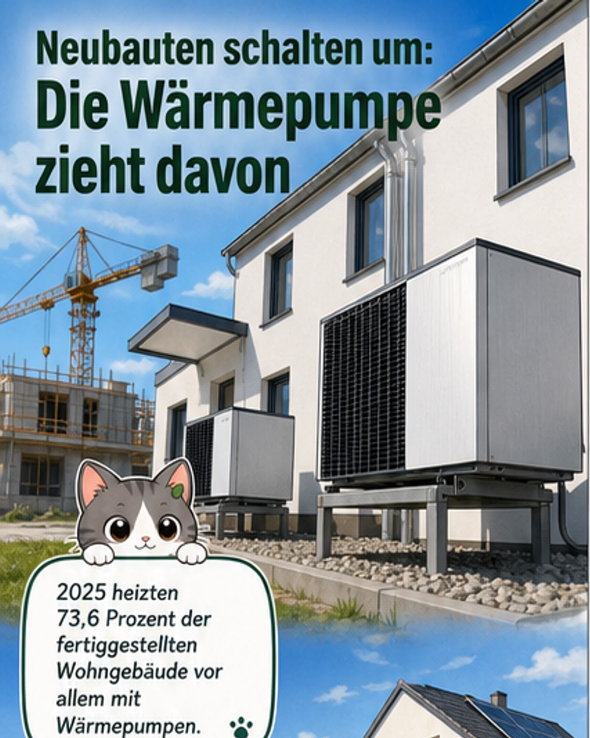 Illustration einer modernen Wärmepumpe im Keller eines Einfamilienhauses mit Pfeilen, die Wärme aus der Umwelt aufnehmen und ins Haus leiten.