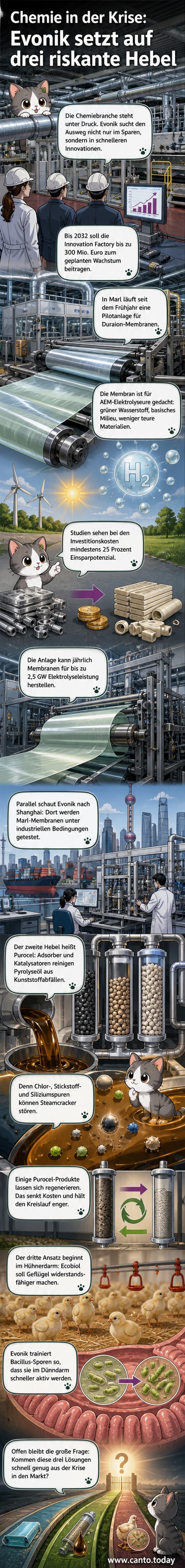 Laboraufbau einer Membranproduktionsanlage mit Evonik-Logo, daneben ein Huhn im Stall und ein Tropfen Pyrolyseöl – drei Innovationen zur Überwindung der Chemiekrise.