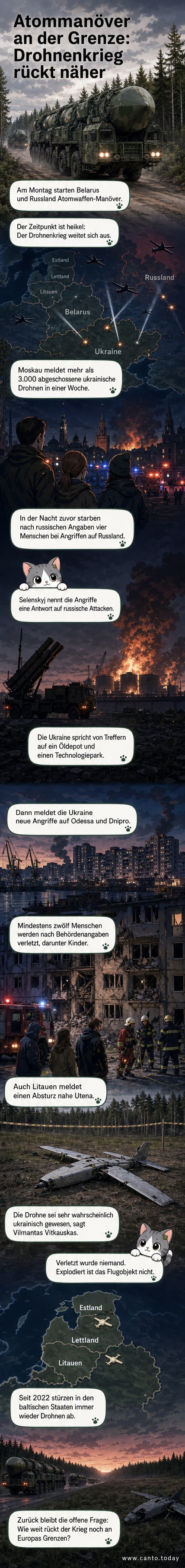 Illustration eines Militärmanövers mit Atomwaffen-Symbolik, flankiert von Drohnenangriffen auf Städte und einem abgestürzten Drohnenwrack in einem Waldgebiet.