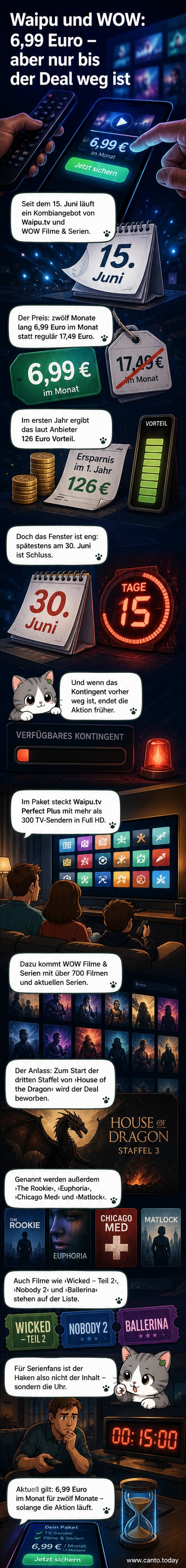 Smartphone und Fernseher zeigen das Logo von waipu.tv und WOW, umgeben von Serien-Covern wie 'House of the Dragon' und 'Euphoria'.