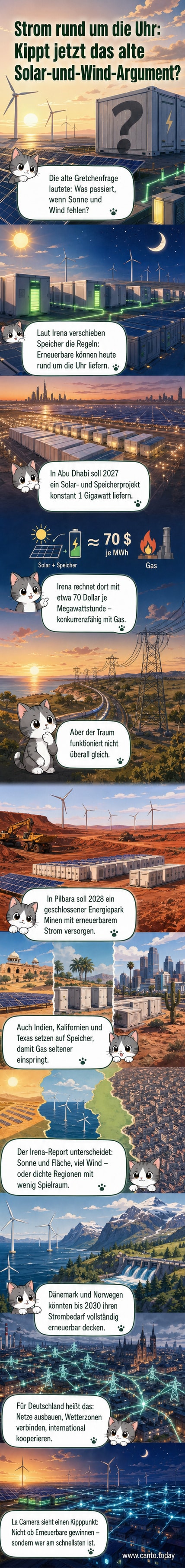 Visualisierung eines hybriden Energieparks mit Solarfeldern, Windrädern und Batteriespeichern, die gemeinsam 24/7 Strom liefern.