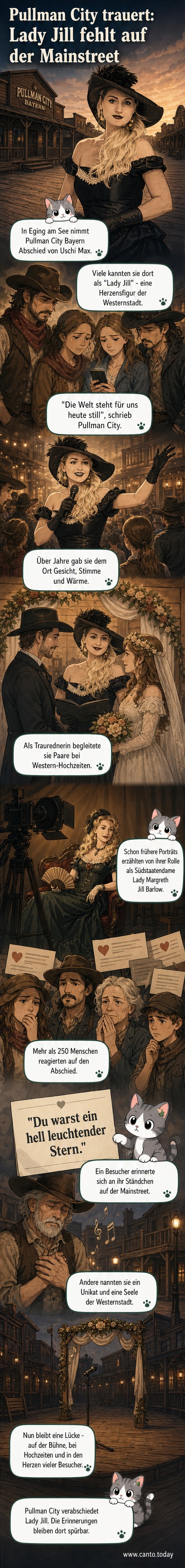 Ein Foto zeigt Uschi Max in ihrer Rolle als 'Lady Jill' in der Westernstadt Pullman City, umgeben von nostalgischer Westernatmosphäre.