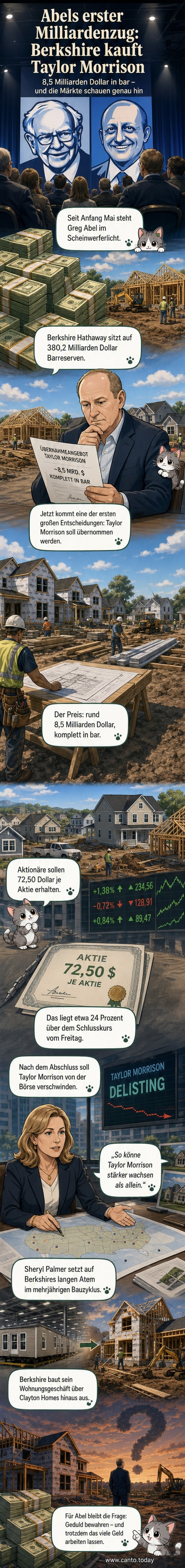 Grafik zur milliardenschweren Übernahme von Taylor Morrison durch Berkshire Hathaway mit Darstellung der Beteiligten, Transaktionsvolumen und strategischer Bedeutung.