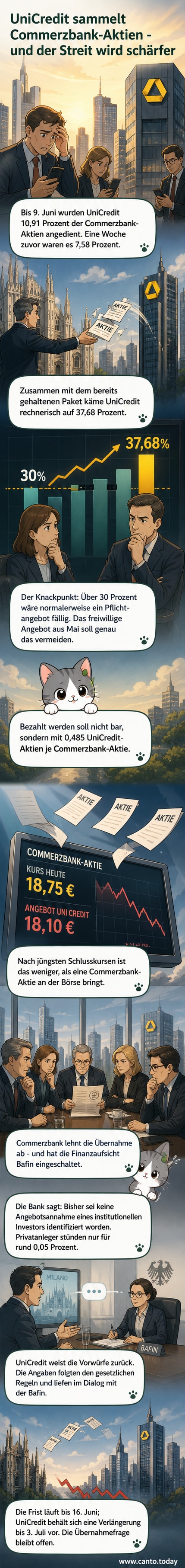Zwei Banklogos – UniCredit und Commerzbank – mit Pfeil, der von UniCredit zur Commerzbank zeigt und eine steigende Beteiligung symbolisiert.