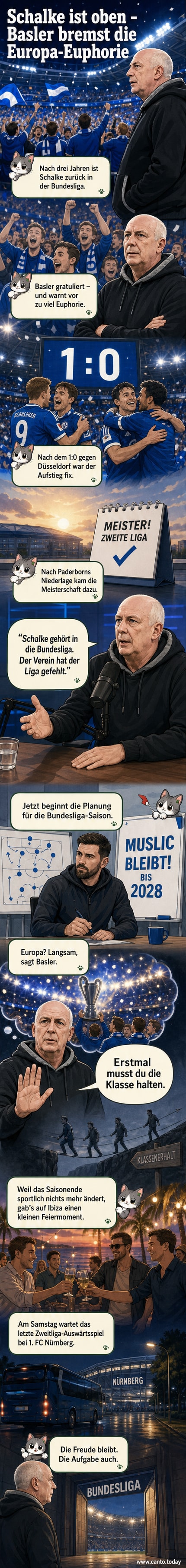 Illustration von Mario Basler mit ernstem Gesicht, während im Hintergrund Schalker Fans jubeln und ein Fußballstadion zu sehen ist.