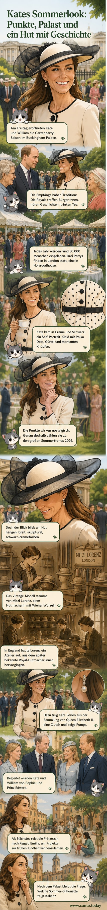 Kate Middleton in einem cremefarbenen Polka-Dots-Kleid mit einem breitkrempigen Vintage-Hut bei der königlichen Gartenparty im Buckingham Palace.