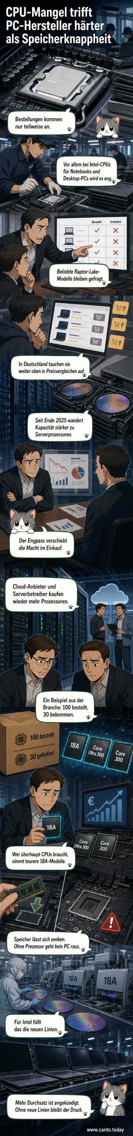 Illustration eines leeren Lagerregals mit Beschriftung 'Intel Raptor Lake CPUs', während daneben teure neue Modelle hervorgehoben werden.