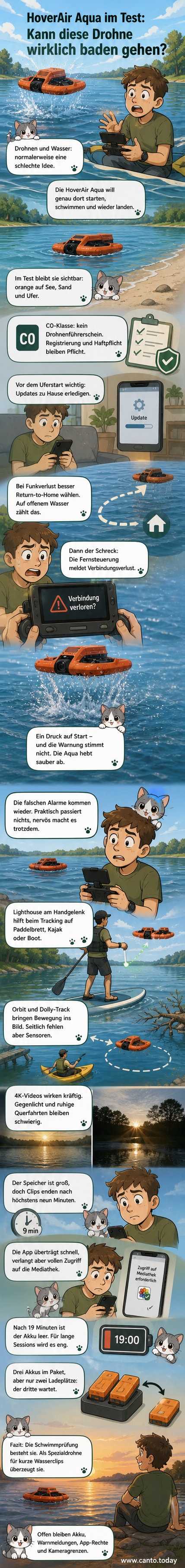 Eine orange wasserdichte Drohne namens HoverAir Aqua schwimmt auf einem See, während sie auf dem Wasser startet und landet.