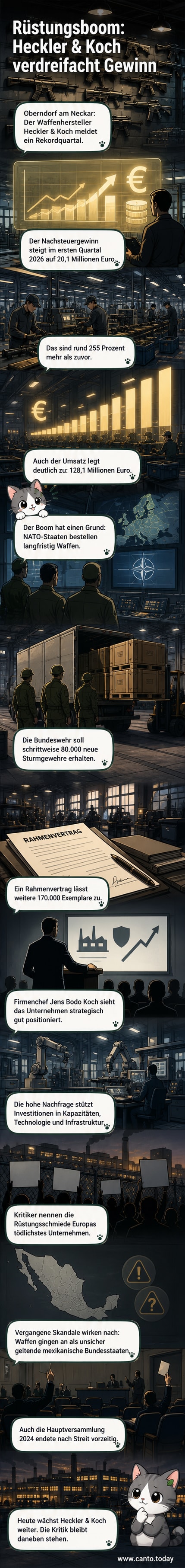 Illustration eines Waffendepots mit dem Logo von Heckler & Koch, davor eine Tafel mit steigenden Gewinnzahlen und Schattenrissen von Demonstrant:innen.