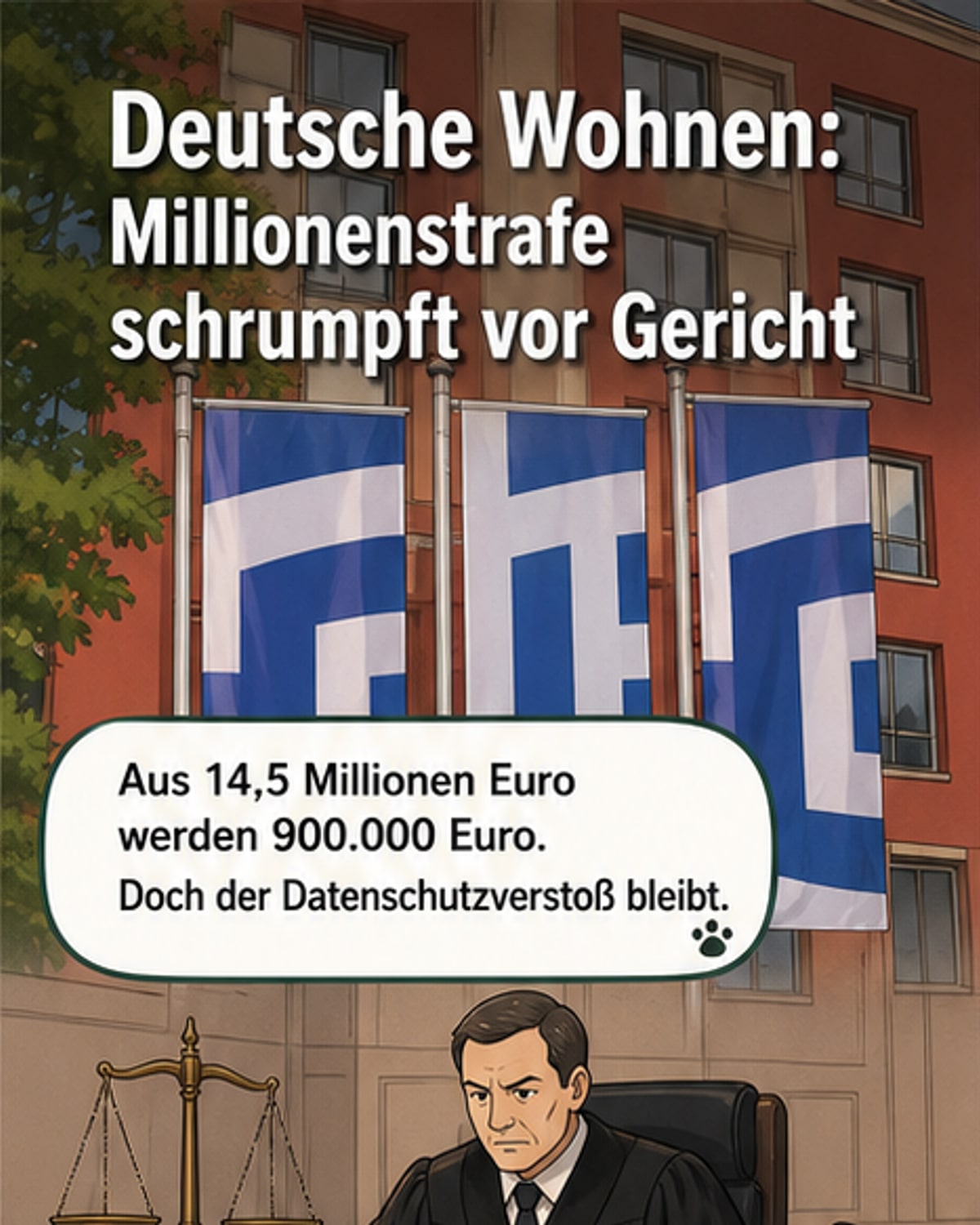 Gerichtsgebäude in Berlin mit Fahnen der Deutsche Wohnen Gruppe im Vordergrund.