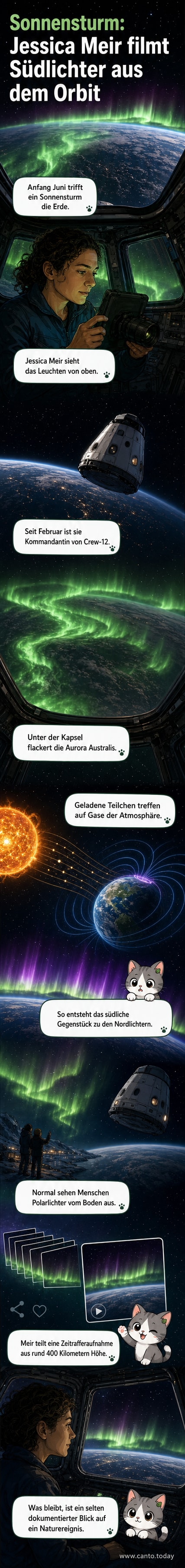Zeitraffer-Aufnahme der Aurora Australis aus dem All: grünlich schimmernde Lichtbögen über der dunklen Erdkrümmung, aufgenommen von der ISS.