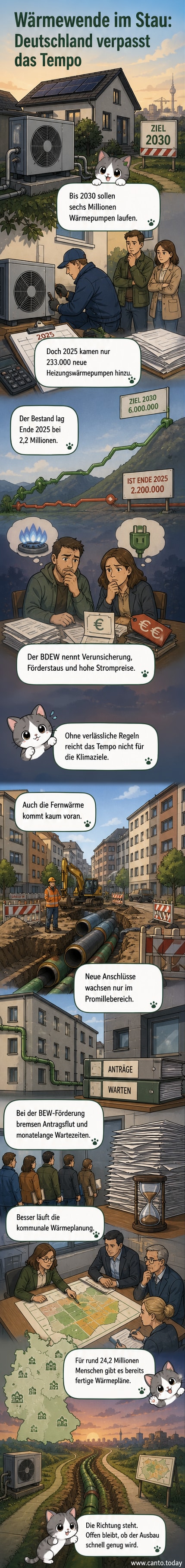 Illustration einer stillstehenden Wärmepumpe vor einem deutschen Wohngebiet, mit Zahlen und Hindernissen wie Bürokratie und hohen Strompreisen im Hintergrund.