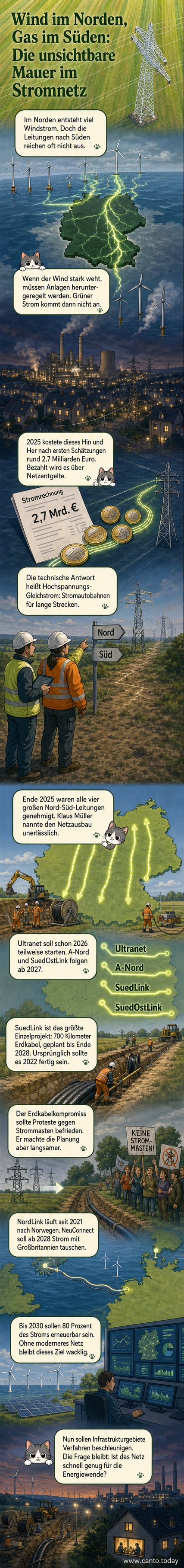 Karte von Deutschland mit roten Linien, die die geplanten Nord-Süd-Stromautobahnen markieren, während Windräder im Norden und Industrieanlagen im Süden symbolisch dargestellt sind.