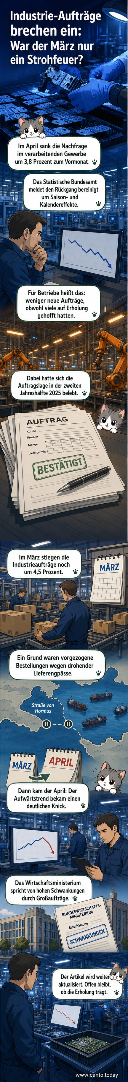 Grafik: Ein nach unten zeigender Pfeil über einer Fabriklandschaft, symbolisiert den Rückgang der Industrieaufträge in Deutschland im April 2026.