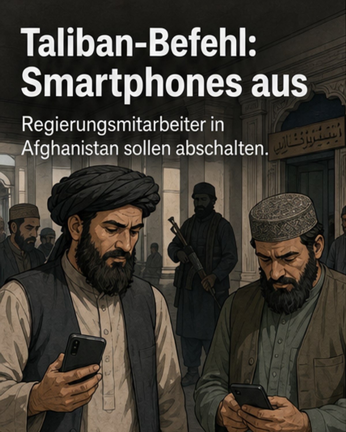 Abstrakte Darstellung eines verbotenen Smartphones mit Taliban-Symbol im Hintergrund, über einem verschlossenen Regierungsgebäude.
