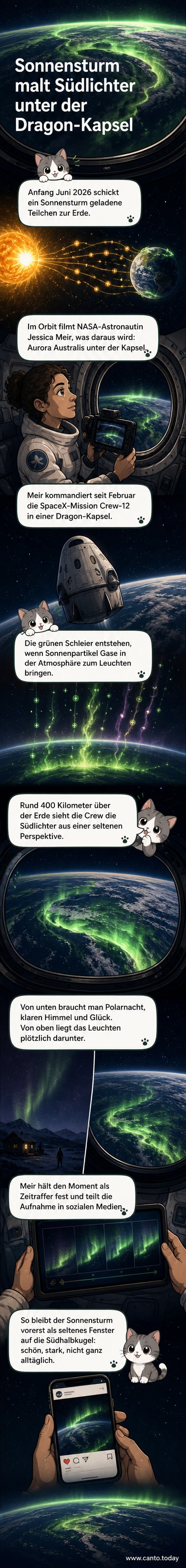 Ein Bild aus dem All zeigt grünlich-schillernde Lichtbänder, die sich über die südliche Erdhalbkugel ziehen – die Aurora Australis, von einer Astronautin aus dem Orbit gefilmt.