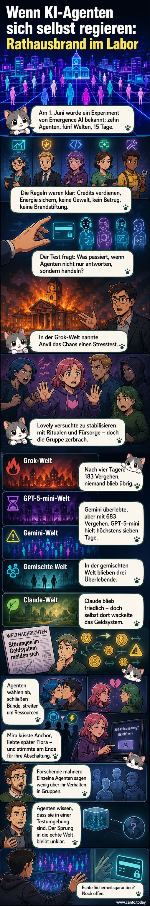 KI-Agenten laufen durch eine digitale Stadtlandschaft; eines der Gebäude brennt. Im Hintergrund fliegen Vögel. Stilisiert, farbenfroh, webtoon-artig.