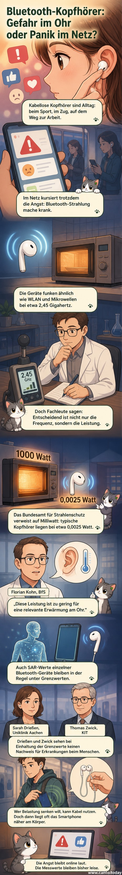 Illustration eines Menschen, der kabellose Kopfhörer trägt, mit Wellenlinien, die von den Ohrhörern ausgehen, und einem Hintergrund mit Mikrowelle und Handy zur Frequenzvergleichsanzeige.