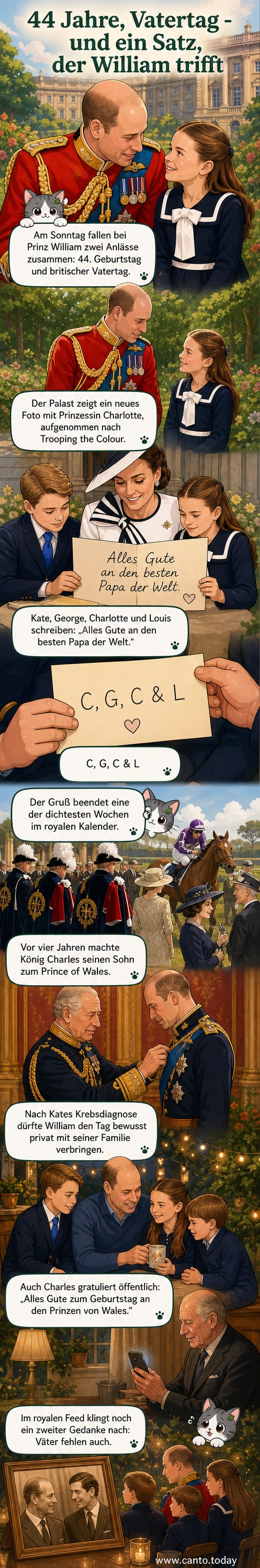 Prinz William lächelt neben seiner Tochter Prinzessin Charlotte in einem Garten; im Hintergrund sind Palastgebäude zu sehen.