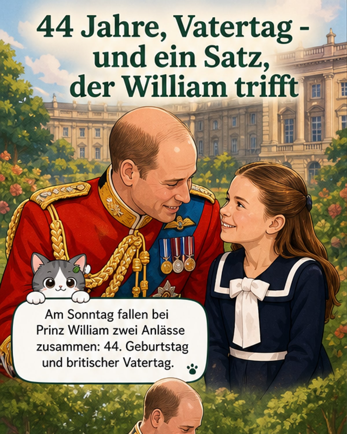 Prinz William lächelt neben seiner Tochter Prinzessin Charlotte in einem Garten; im Hintergrund sind Palastgebäude zu sehen.