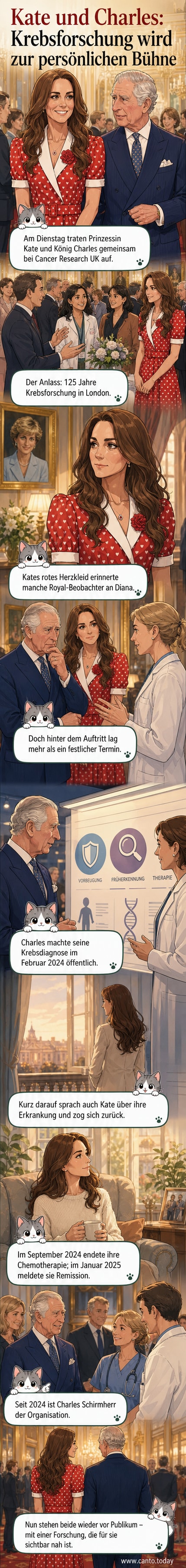 Prinzessin Kate in einem roten Kleid mit weißem Herz-Muster und König Charles im Anzug stehen lächelnd nebeneinander bei einer Veranstaltung im St. James's Palace.