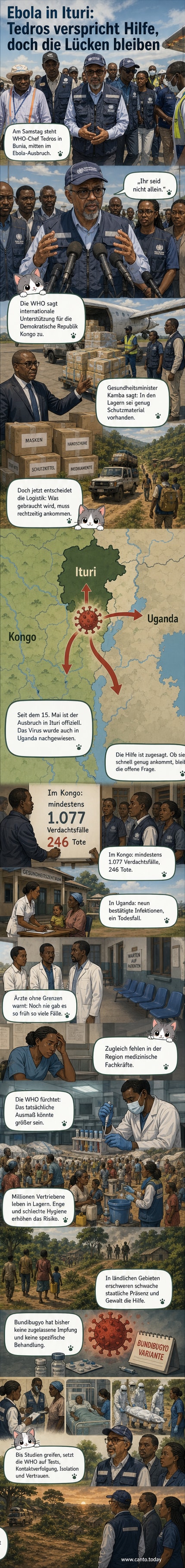 WHO-Chef Tedros Adhanom Ghebreyesus spricht bei einer Pressekonferenz in Bunia, Kongo, vor Hintergrund einer Ebola-Informationsgrafik.