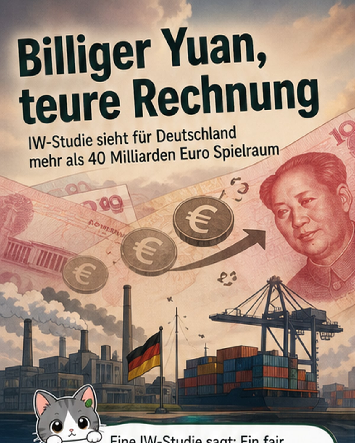 Grafik: Ein Euro- und ein Yuan-Schein liegen auf einer Weltkarte, die den Währungsvergleich zwischen Deutschland und China thematisiert.