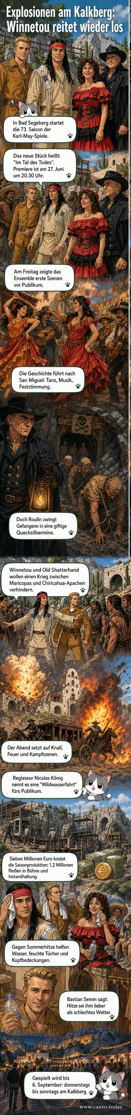 Ensemble der Karl-May-Spiele 2026 bei der Generalprobe, mit Alexander Klaws als Winnetou in der Mitte.