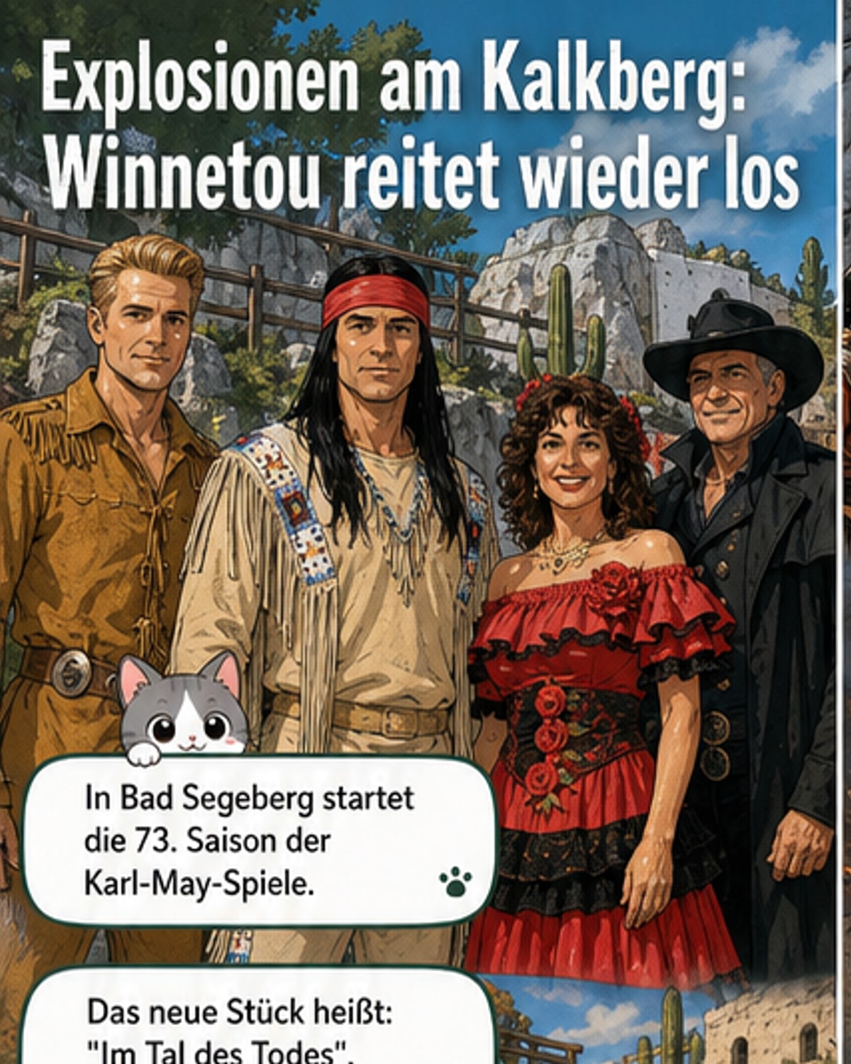 Ensemble der Karl-May-Spiele 2026 bei der Generalprobe, mit Alexander Klaws als Winnetou in der Mitte.