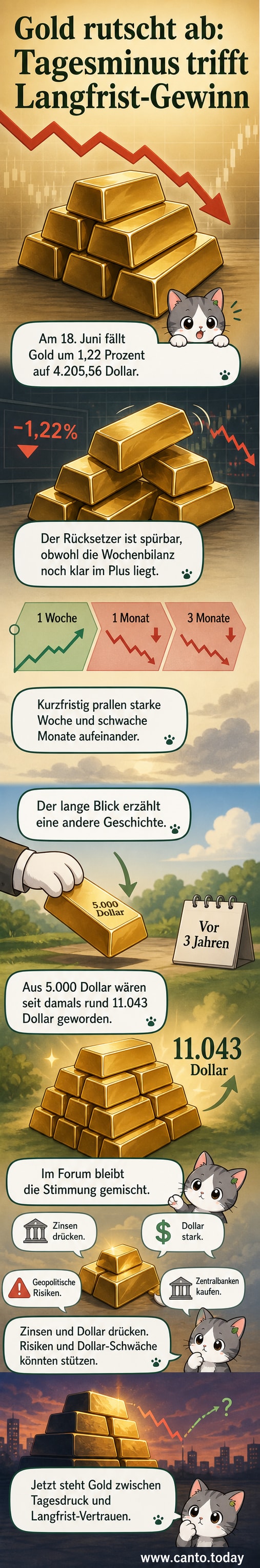 Grafik zeigt den aktuellen Rückgang des Goldpreises auf 4.205,56 USD mit negativem Trendpfeil und -1,22-%-Kennzeichnung.