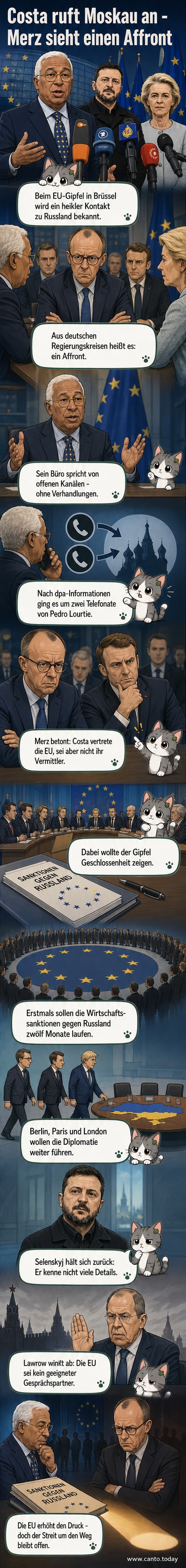 EU-Ratspräsident António Costa (links) beim Gipfel in Brüssel, während Bundeskanzler Friedrich Merz (rechts) ernst blickt; im Hintergrund EU-Flagge.