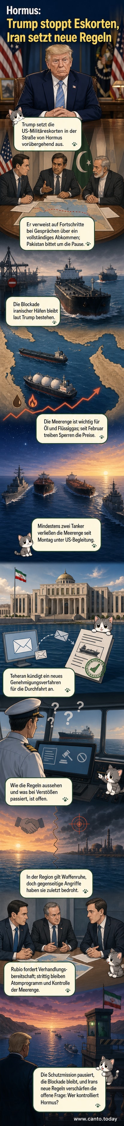 Illustration der Straße von Hormus mit US-Kriegsschiffen und iranischen Kontrollposten, symbolisierend die Spannungen zwischen Militärpräsenz und diplomatischen Verhandlungen.