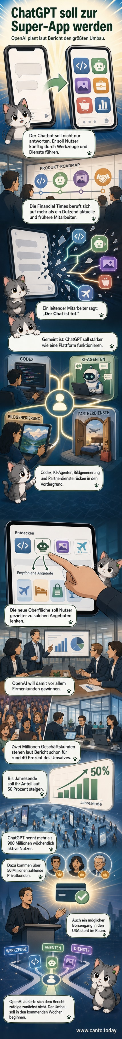 Illustration eines sich wandelnden Chatbots: links klassisches Chat-Fenster, rechts eine vielseitige App mit Programmier-, Buchungs- und Design-Tools.